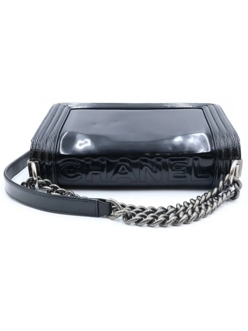 Chanel Boy Shoulder Bag Patent Leather Black Silver